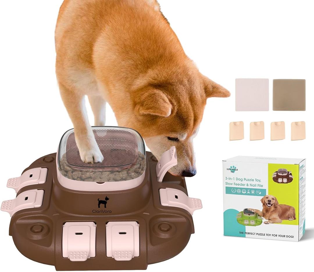 Interactive Dog Toys, ClariVory Slow Feeder Dog Bowls, Dog Nail File & Dog Puzzle for Mental Stimulation, Customizable Food Dispensing, Dog Enrichment Toys to Keep Them Busy, Puppy Toys, Brown