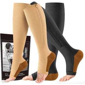Zipper Compression Socks - 2 Pairs Open Toe Compression Stockings for Men Women 15-20mmHg,Suit for Running, Sport (XX-Large, Beige Black Copper)