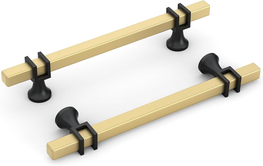 goldenwarm 10 Pack 5 Inch Black and Gold Cabinet Pulls Square Drawer Handles Hardware for Kitchen Dresser Bathroom (5in hole center)