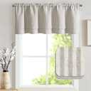 jinchan Linen Valance Curtain Striped Valance for Windows 18 Inch Light Filtering Kitchen Curtain Farmhouse Double Layer for Living Room Ticking Rod Pocket 1 Panel Taupe Grey on Linen