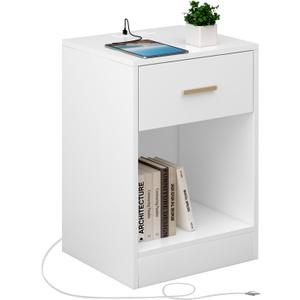 Nightstand with Charging Station, End Side Table with Storage Drawer and Open Cabinet, Bedside Table for Bedroom, White