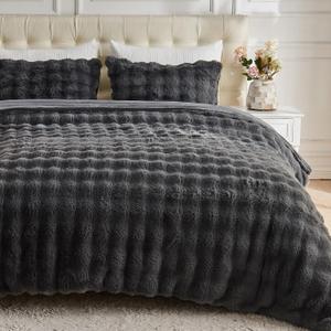 Lotus Karen Fluffy Comforter Cover Set-Rabbit Fluff Faux Fur Duvet Cover King Size,Dark Gray Plush Fuzzy Furry Bedding Sets 3Pieces(1 Duvet Cover & 2 Pillow Shams), Zipper Closure