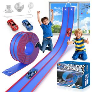 15 Ft Flexible Race Track for Kids, DIY Car Track Set with 2 Toy Cars & 3 Suction Cup Ramps, Easter Basket Stuffers for Teens & Boys Girls, Creative Easter Gifts for Kids, Blue & Red