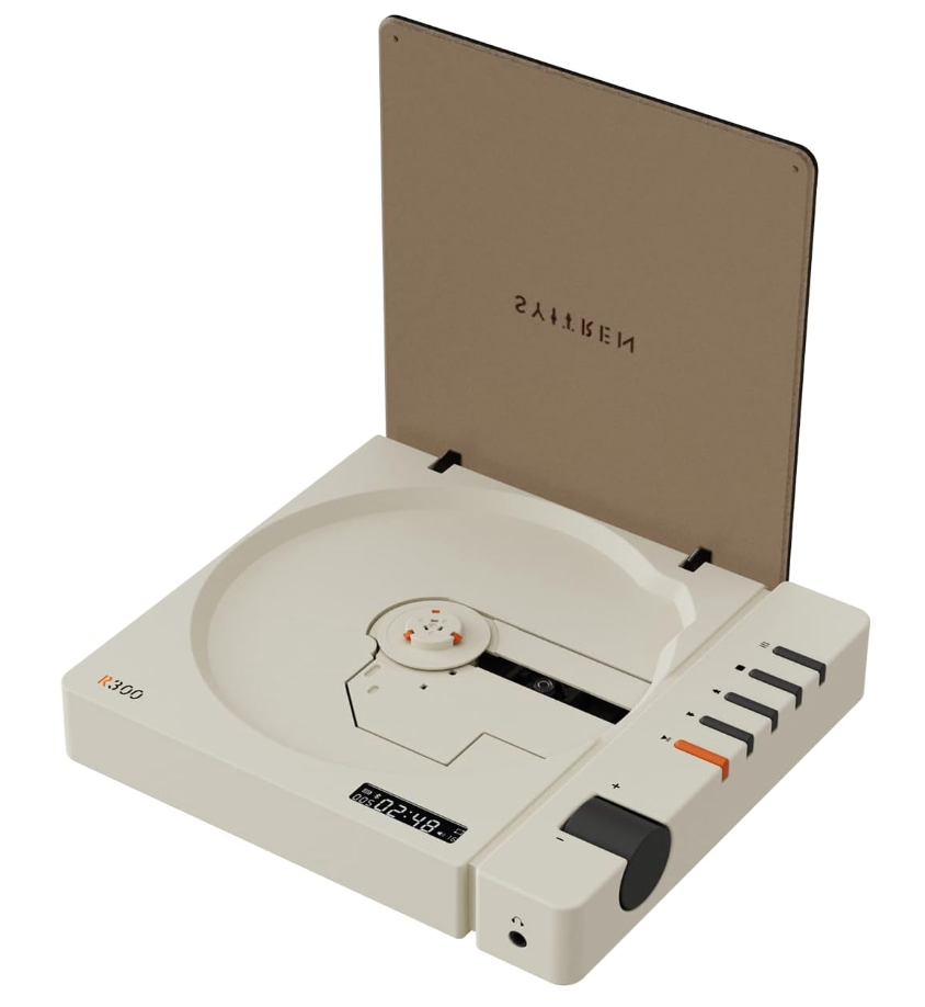 syitren R300 CD Player Bluetooth Portable Desktop Retro CD Player for Home Fiber Output No Builtin Speaker White Gift (White)