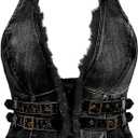 WDIRARA Women's Plus Size Frayed Denim Halter Top Buckle Backless Punk Hippie Jean Crop Top, Medium