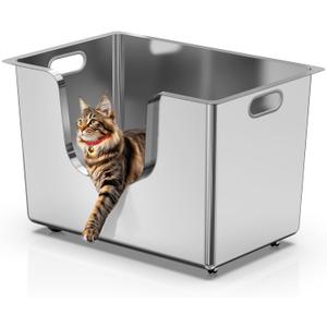 Enclosed Stainless Steel Cat Litter Box 13.8 High Sides, Extra Large Litter Box for Big Cats, XL Metal Kitty Litter Pan Pet Toilet with Wheels for Easy Mobility, Anti-Leakage, Non-Sticky, Easy Clean