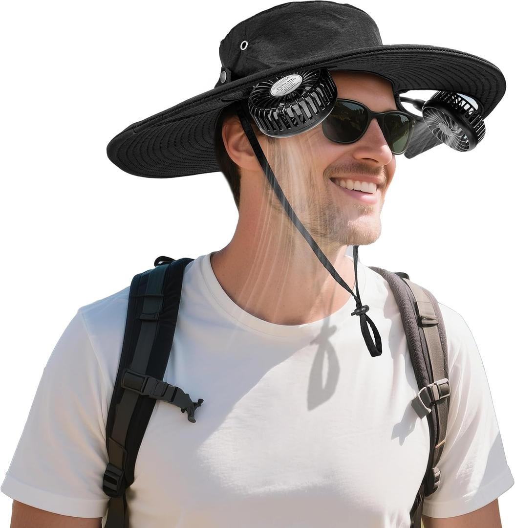 AMACOOL 2-in-1 Hands-free Hat Fan with Detachable Neck Fan, UPF 50+ Wide Brim Sun Hat, 3-Speed Adjustable, 2600mAh Rechargeable Fishing Essentials for Men Women Camping Travel Delivery Outdoor-Black