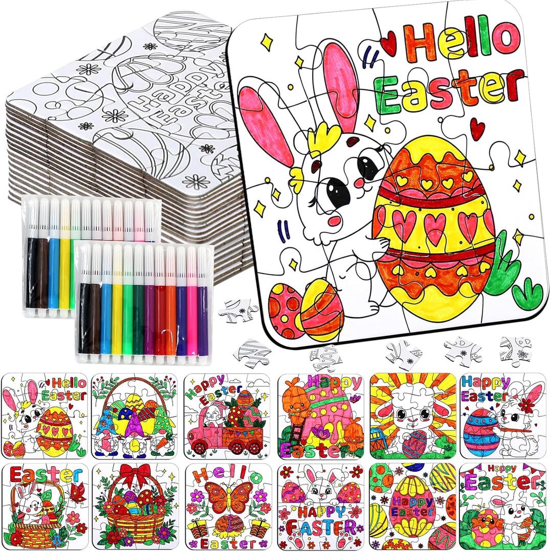 24 Pcs Easter Crafts Puzzle for Kids Ages 4-8, Easter Activities Arts DIY Jigsaw with Egg Bunny Basket Flower, Spring April Craft for Party Favors Gifts Christian Classroom Coloring Games Toy Bulk