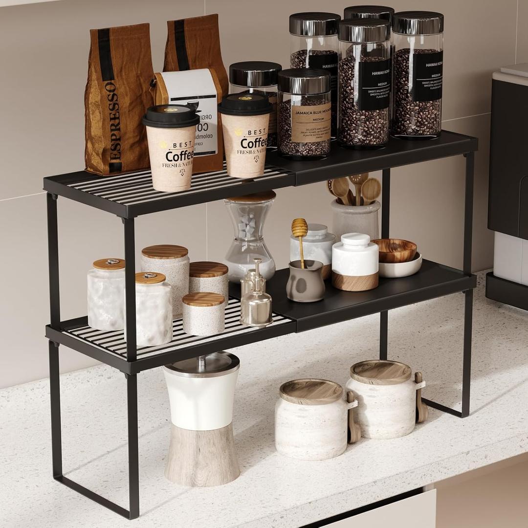 Magheo Expandable Cabinet Shelf Organizer, 2 Pack Stackable Kitchen Counter Shelf Riser, Metal Spice Rack Adjustable Heavy Duty Countertop Organizer Storage for Kitchen, Pantry, Cupboard, Rv (Black)