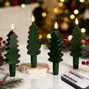 Eywamage Green Christmas Tree Flameless Taper Candles with Remote, Short Battery LED Wax Candlesticks Holiday Decor Set of 4