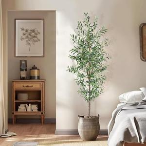 CETRD Artificial Olive Tree, 7FT Tall Faux Olive Trees 84in Outdoor Fake Potted Silk Plant with Trunk and Realistic 1048 Leaves and 40 Fruits for Modern Office Home Decor Indoor, (1 Pack）