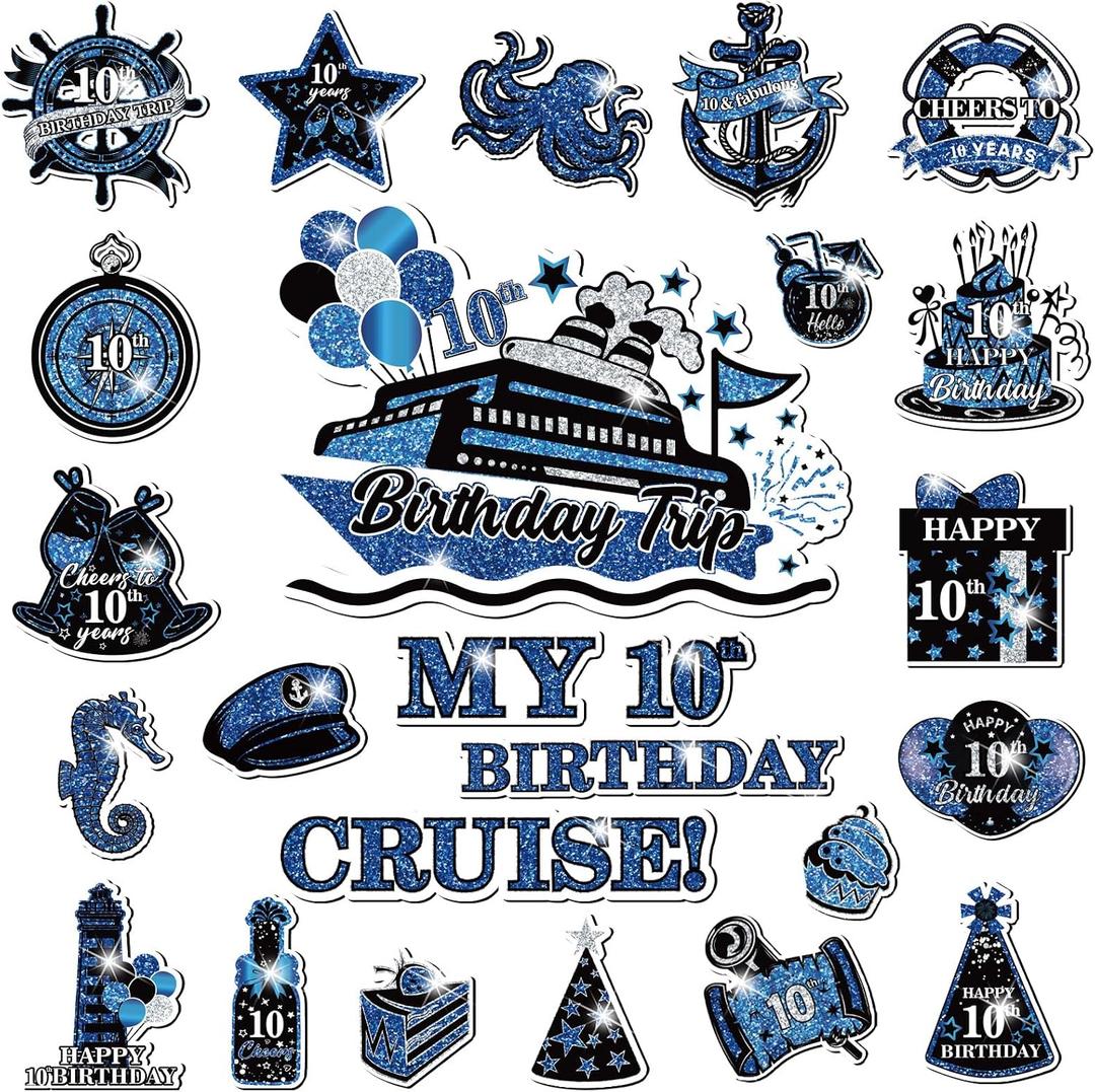 10th Birthday Cruise Door Magnets Decorations, Blue Black Silver Happy 10th Birthday Cruise Ship Door Decor Magnetic for 10th Boys Girls Anniversary Party Supplies Door Refrigerator Fridge Car Kitchen