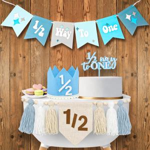 1/2 Birthday Boy Half Birthday Decorations 4PCS Khaki 6 Month Party Set with 1/2 Way to One Banner, Halfway High Chair Banner, Cake Topper and Hat for 6 Month Baby Boy Photo Shoot Decor