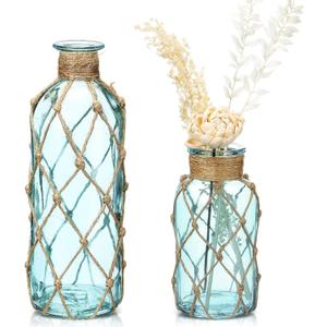 Chuangdi Set of 2 Coastal Glass Vases for Flowers TSITP Flower Vase with Boho Rope Small Sea Glass Jar Nautical Beach Bottle for Wedding Table Centerpieces Floral Arrangement Decor(Light Blue)