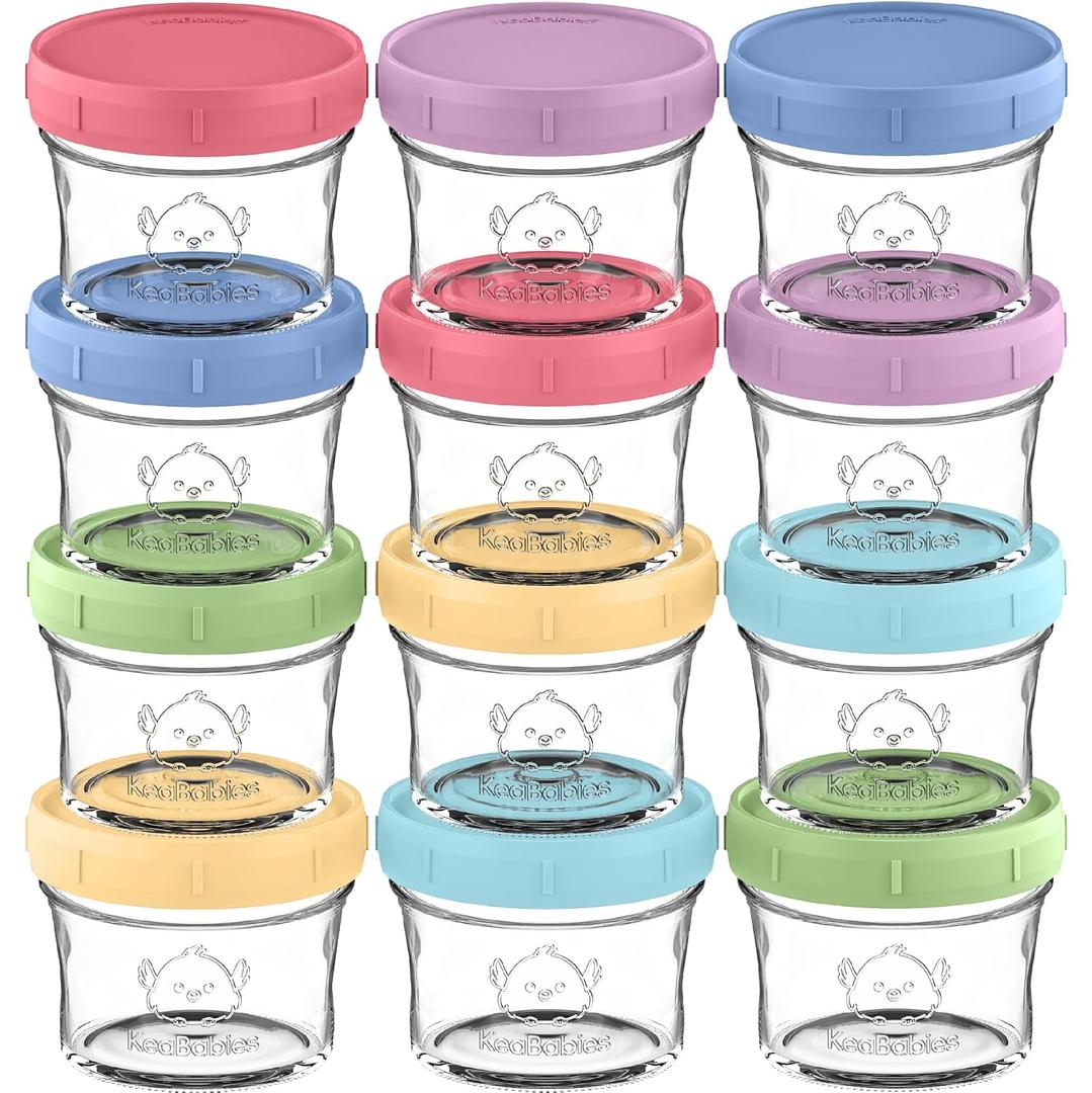 KeaBabies 12pk 4oz Glass Baby Food Containers with Lids - Leak-Proof, Microwavable Small Glass Jars, Baby Purees & Toddler Snack Storage Containers, BPA-Free, Dishwasher & Freezer Safe (Nord)