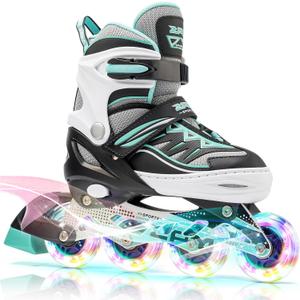 2PM SPORTS Cytia Pink Girls Adjustable Illuminating Inline Skates with Light up Wheels, Fun Flashing Beginner Roller Skates for Kids (Mint, Medium - Big Kid (13C-3 US))