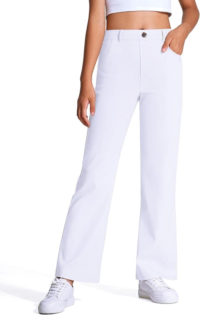 Girls Uniform Pants Kids High Stretchy Flare Dress Pants Elastic Waist Size 7-14 Years (White)
