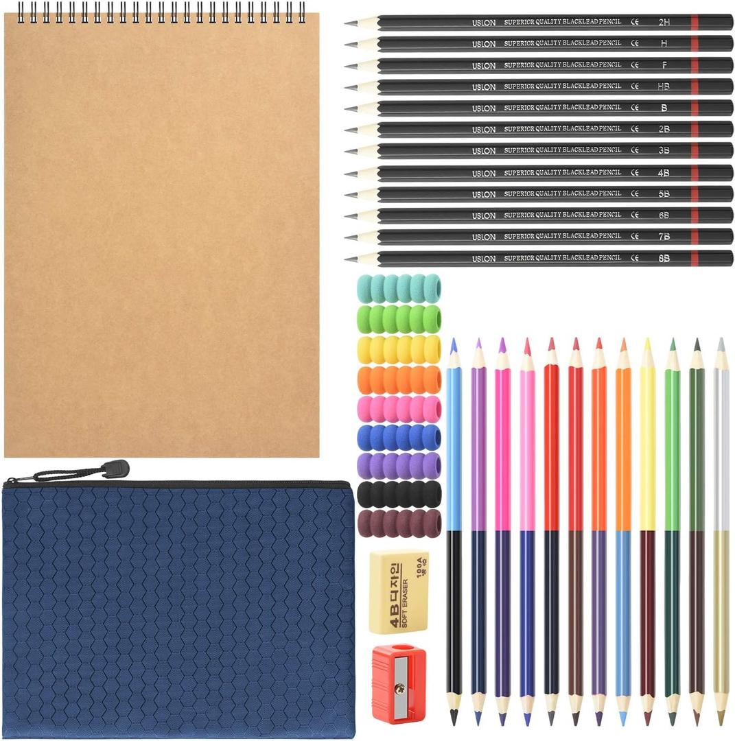 HomeMall Drawing Sketching Pencils Set, 37 Packs Art Kit with Sketchbook Draw Pencils Dual Ended Color Pencil Eraser Sharpener Pencil Bag for Kids Adults and Art Beginners (Small)