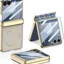 Magnetic Leather Case for Samsung Galaxy Z Flip 7 with Magnetic Hinge Protection & Built-in Screen Protector, [Support Wireless Charging ] Luxury Plating Shockproof Cover for Galaxy Z Flip 7 (Beige)