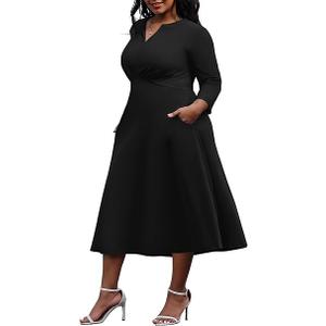 Nmoder Women's Plus Size Stretchy Flared Wrap Dress Casual Wedding Guest Midi Dresses V Neck 3/4 Sleeve A-Line Swing Dress Size 2X