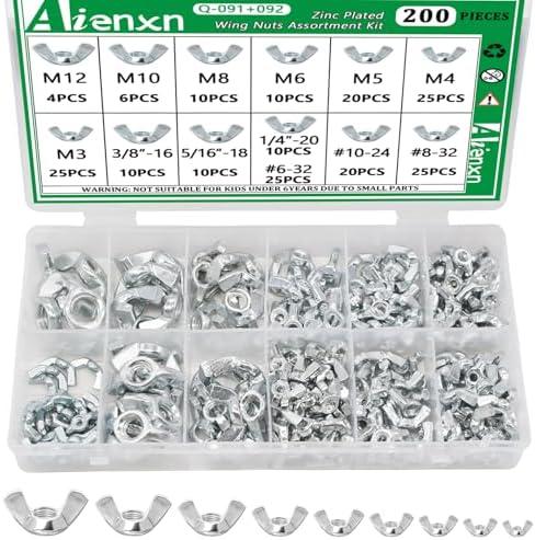 Aienxn 100 PCS Wing Nuts Assortment Kit, Metric & SAE Sizes- M3 -M12, #6-32 to 3/8"-16 Zinc Plated Wingnuts Fasteners, Parts Butterfly Wing Nut