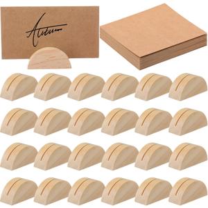 Colingmill 24 Pcs Wooden Table Number Stands Wedding Table Name Holder Semicircular Design Place Card Holders with 24 Pcs Tented Cards for Retail Shop Wedding Party Events Decoration (Wood Color)