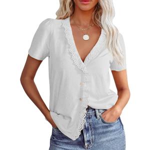 Floral Find Womens Short Sleeve Button Down Tops Casual Summer V-Neck Lace Trim Blouse Cute Tee, White, XX-Large (XXL)