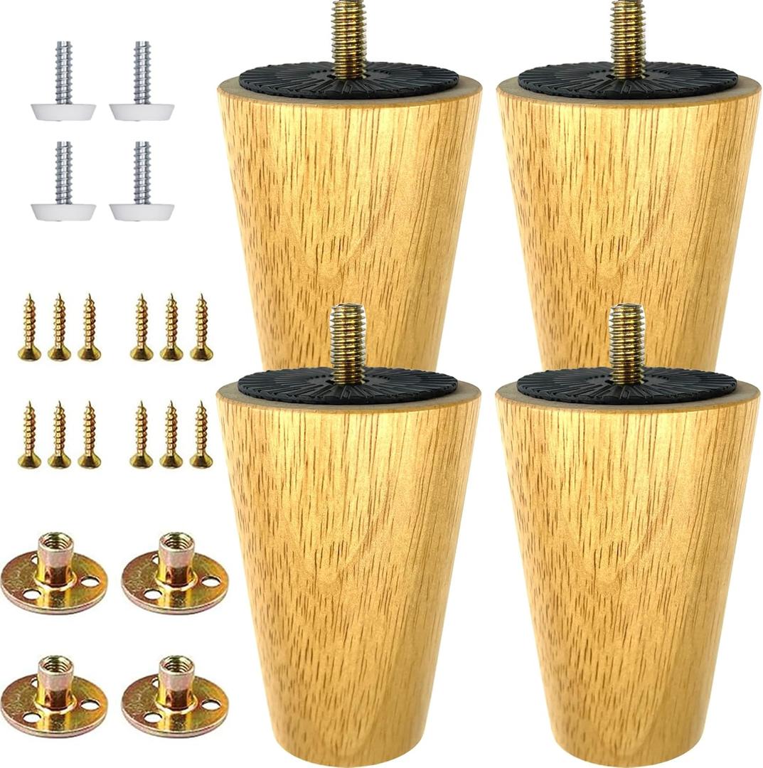 4-Pack 4-Inch Solid Hardwood Furniture Legs, Mid-Century Style with Golden Metal Caps - Natural Color, Perfect for Couches, Dressers, Chairs, and Cabinets