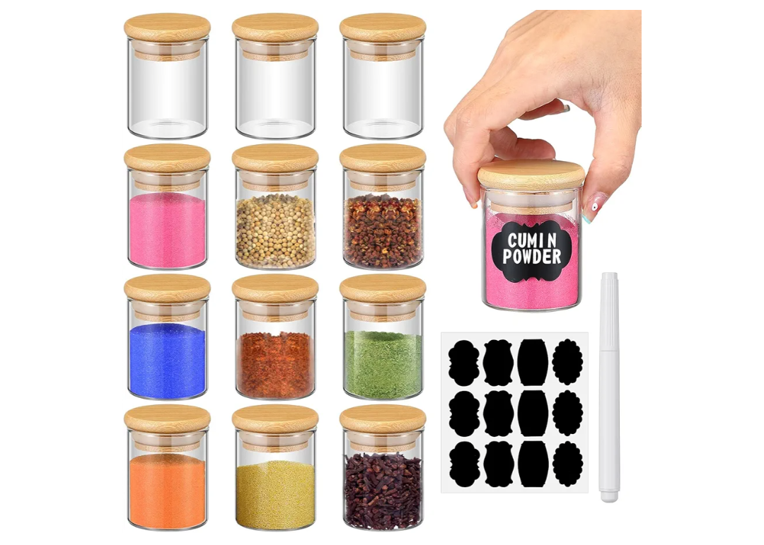 Glass Spice Jars with Bamboo Airtight Lids. Labels and Chalk Marker Food Storage Container Clear Spice Storage Bottle for Kitchen, Herbs, Seasoning, Seed, Tea, Sugar