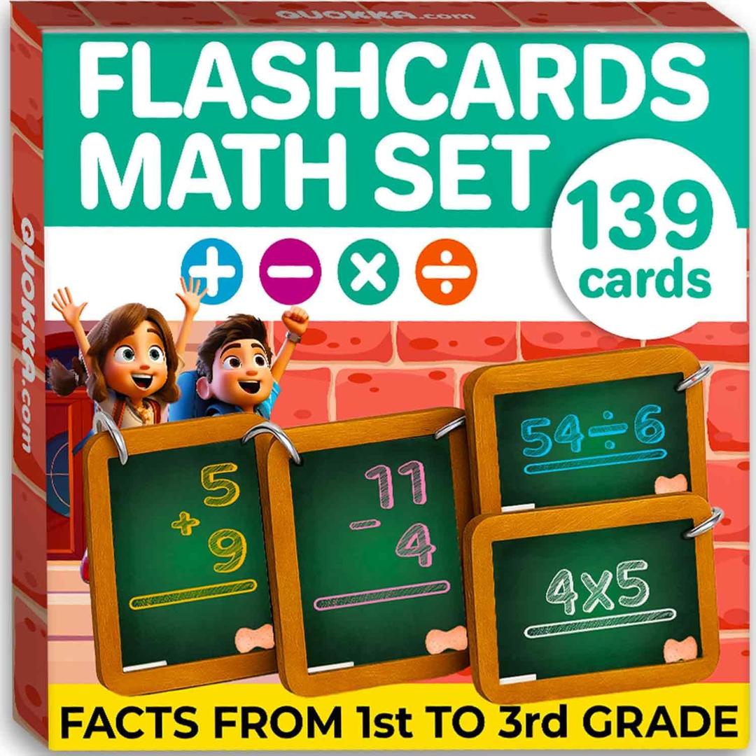 QUOKKA Math Flash Cards for Kids Ages 5-8 - Addition and Subtraction, Multiplication and Division Games for Kids 5-7 - 139 Double-Sided Flashcards for Studying - Large Bold Fonts - Flash Card Rings