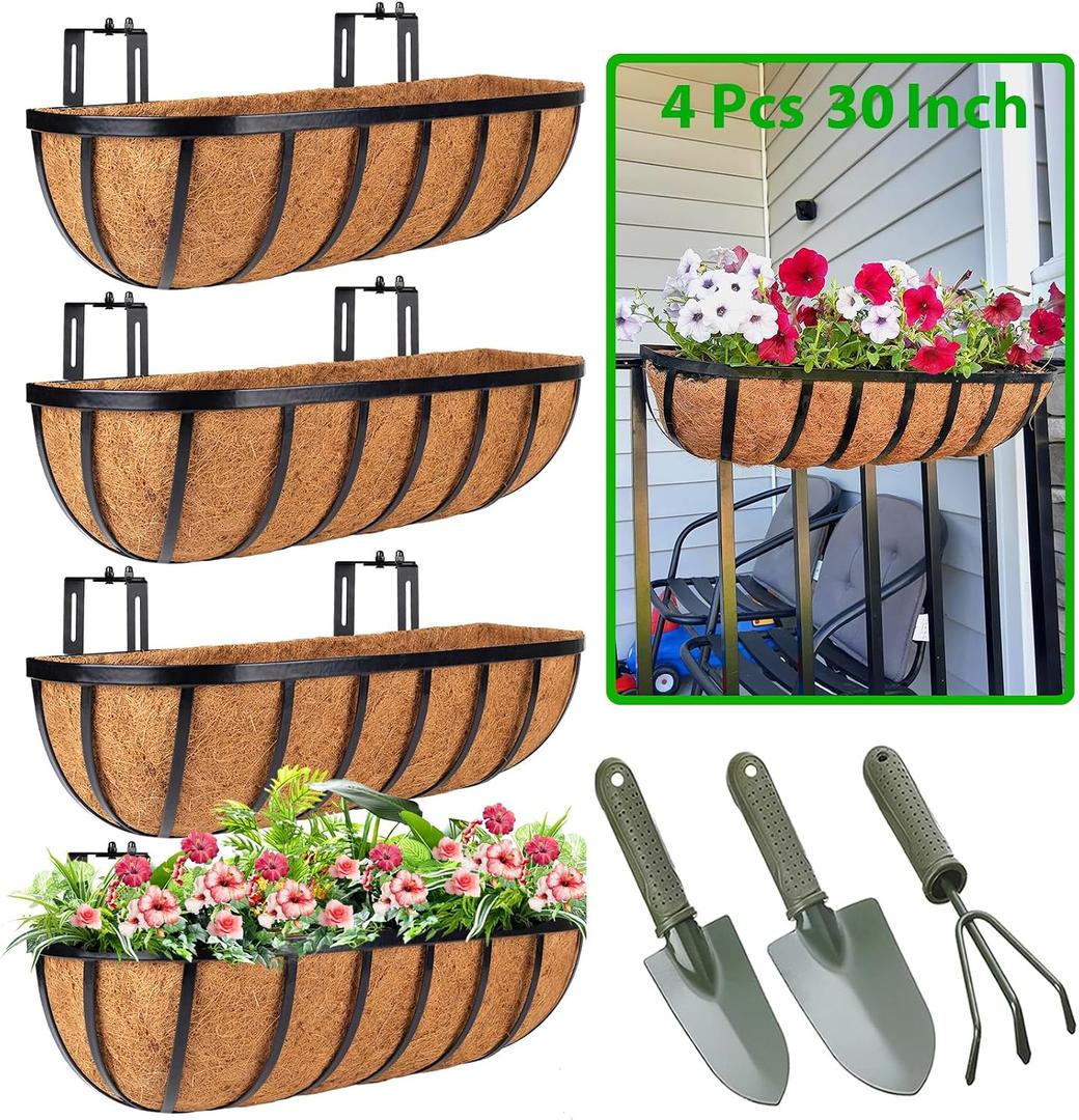 HKZ Deck Balcony Railing Planter Window Boxes - 4 Pack 30 Inch Planter Box, Balcony Planters Railing Hanging, Window Boxes Outdoor Fence Planters