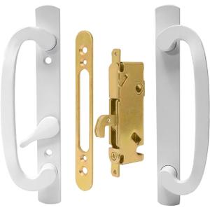 LWZH White Patio Sliding Glass Door Handle Set - Reversible Design Sliding Door Handle Fits 1-3/8" to 2-1/4" Thick Doors, 3-15/16" Hole Centers, 45 Keyway