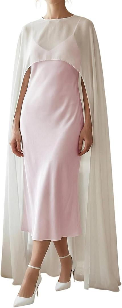 Women Chiffon Long Cape High Low Flowy Poncho Sheer Mesh Shawl and Wraps Capelets Bridal Wedding Evening (One Size, White)