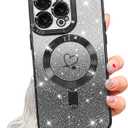 NITITOP Compatible with iPhone 14 Pro Max Case Cute Clear Glitter [Compatible for MagSafe] Plating Heart Sparkle Bling Magnetic Girl Women Electroplated Frame Camera Protection Back Cover - Black