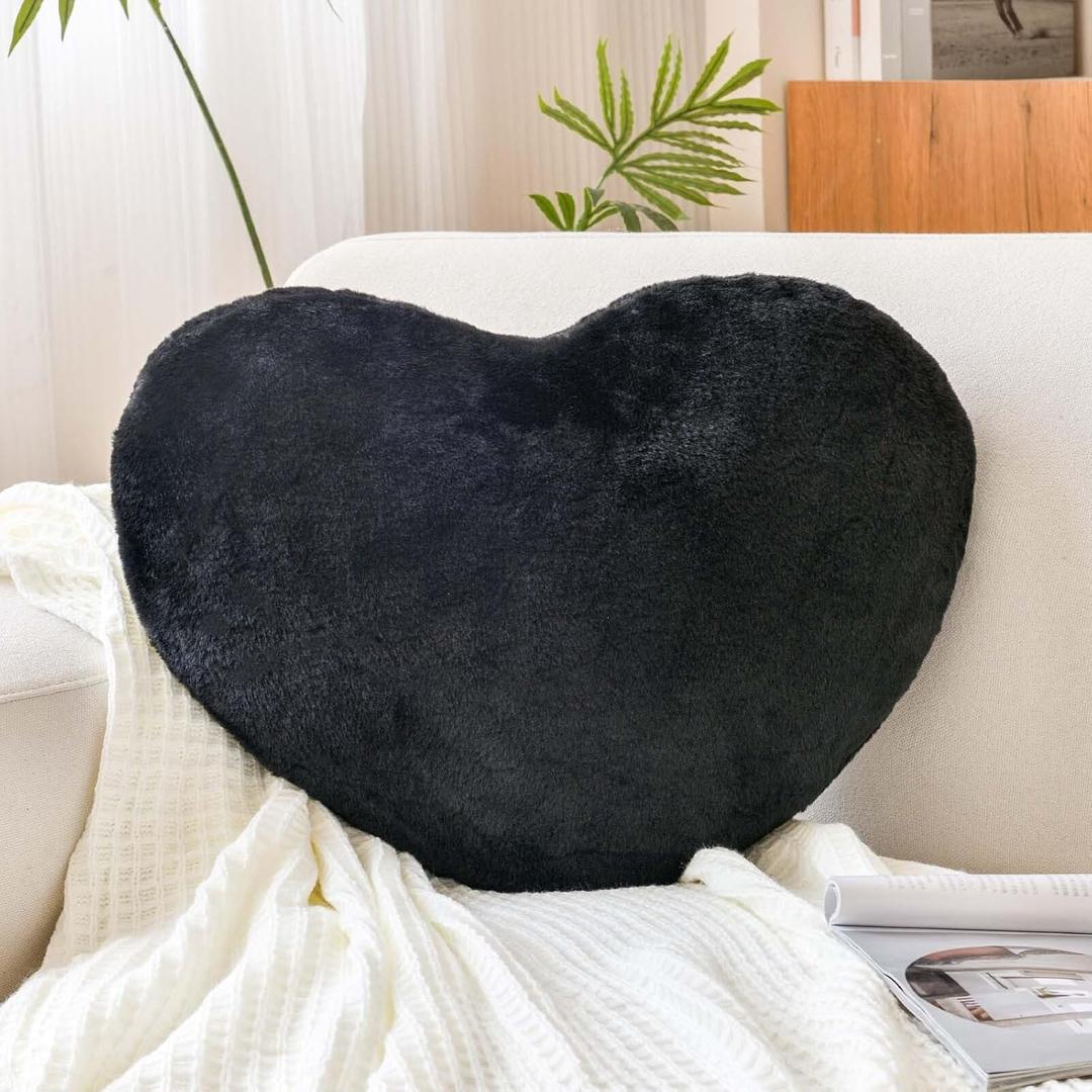 XVTRU Black Heart Pillows, Cute Heart Decorative Pillow, Heart Shaped Throw Pillows for Bed, Faux Rabbit Fur Plush Hoom Decor Pillow Cushion for Chair Sofa Living Room (Mini 12.9" x 9.8")