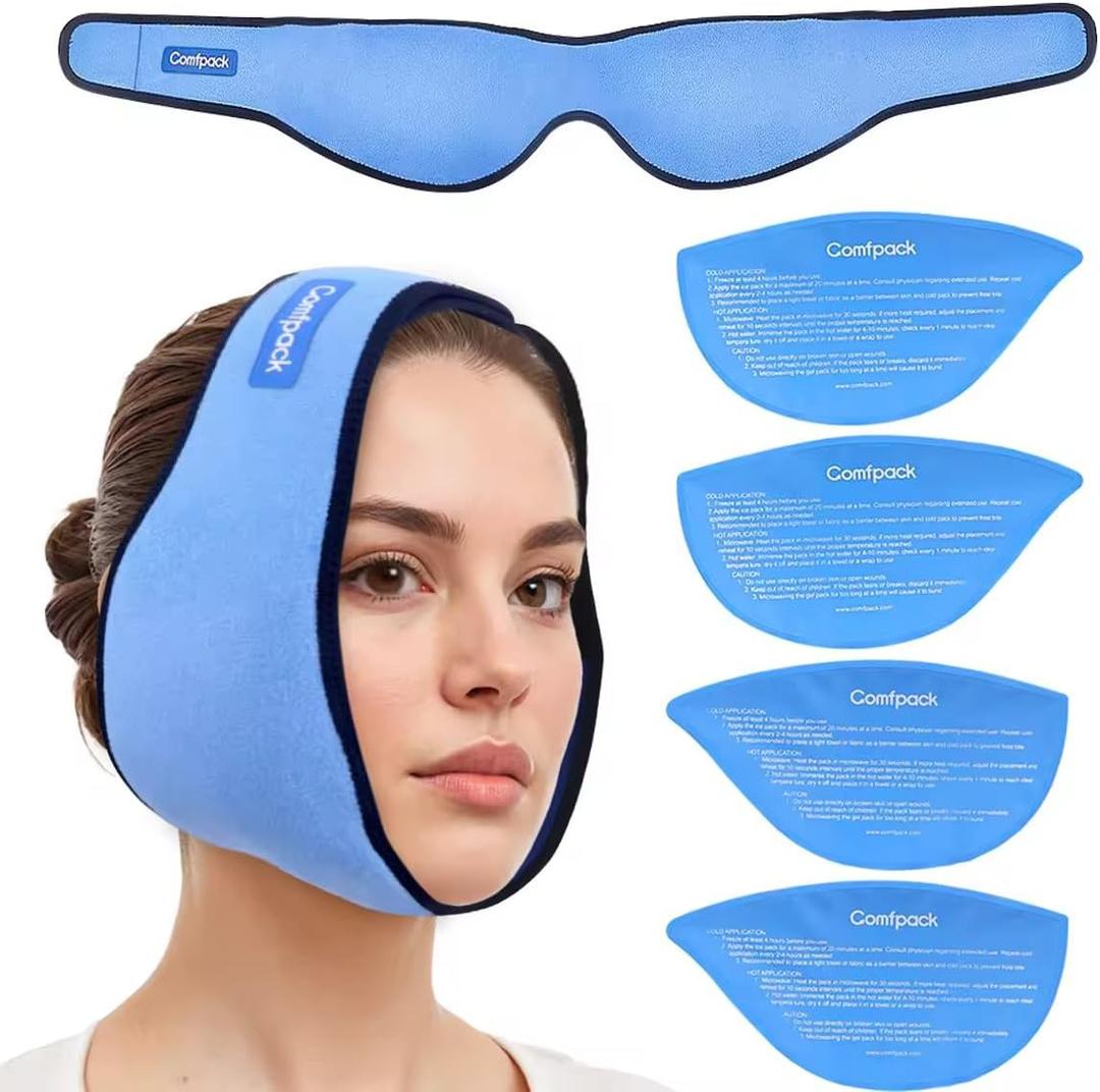 Comfpack Face Ice Pack Wrap for TMJ Relief with 4 Reusable Hot Cold Gel Packs, Wisdom Teeth Ice Pack Head Wrap for Tonsillectomy, Tooth Extraction & Teeth Removed, Oral Surgery, Cosmetic Injection