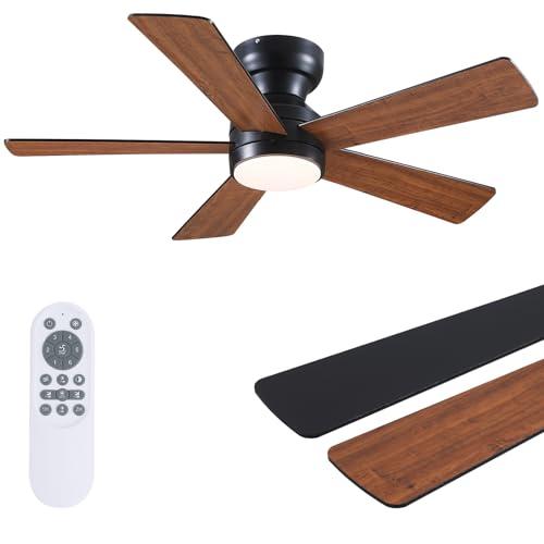 BYKISTOK Ceiling Fans with Lights Flush Mount - 46in Low Profile Ceiling Fan Remote Control with 5 Dual-Sided Blades, Reversible 6 Speeds, Dimming & 2H Timing, Indoor Fan Light for Bedroom, Kitchen