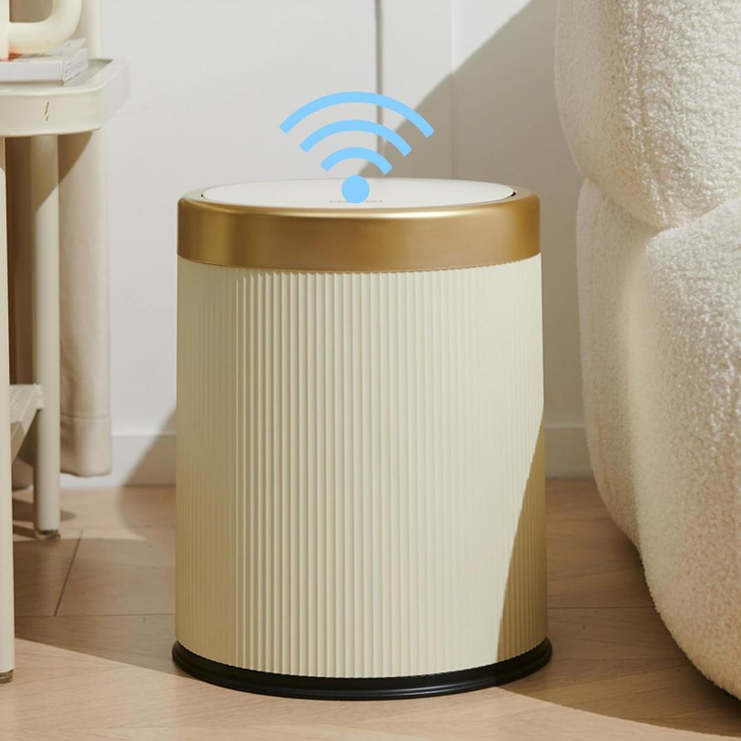 URALFA 3.7 Gallon Motion Sensor Bathroom Trash Can with LidAutomatic Waterproof Touchless Garbage Can, Smart Plastic Trash Bins Suitable for Toilet, Office, Bedroom, Kitchen (Cream White)
