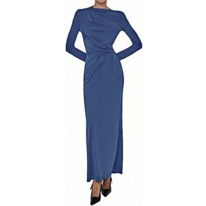 YOXUA Women Elegant Casual Long Sleeve Sexy Bodycon Lounge Temperament Crewneck Maxi Dress (Blue, Large)