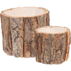 Yardwe 2Pcs Rustic Wooden Planter Pots - Natural Bark Design Flower Containers for Indoor Outdoor Decor, Succulents, Vegetables