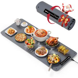 Extra Large Food Warming Mat for Countertop (XXL 36x16) - Full-Surface Heating Pad with 4 Temps Settings, Ideal for Buffet Party Food Warmer, Roll-Up Electric Warming Tray for All Gatherings, Gray