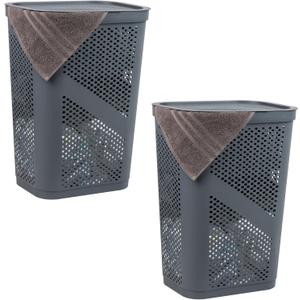 Mind Reader 60L Slim Laundry Hamper, Clothes Basket, Lid, Ventilated, Plastic, Set of 2, Gray, 2-pack