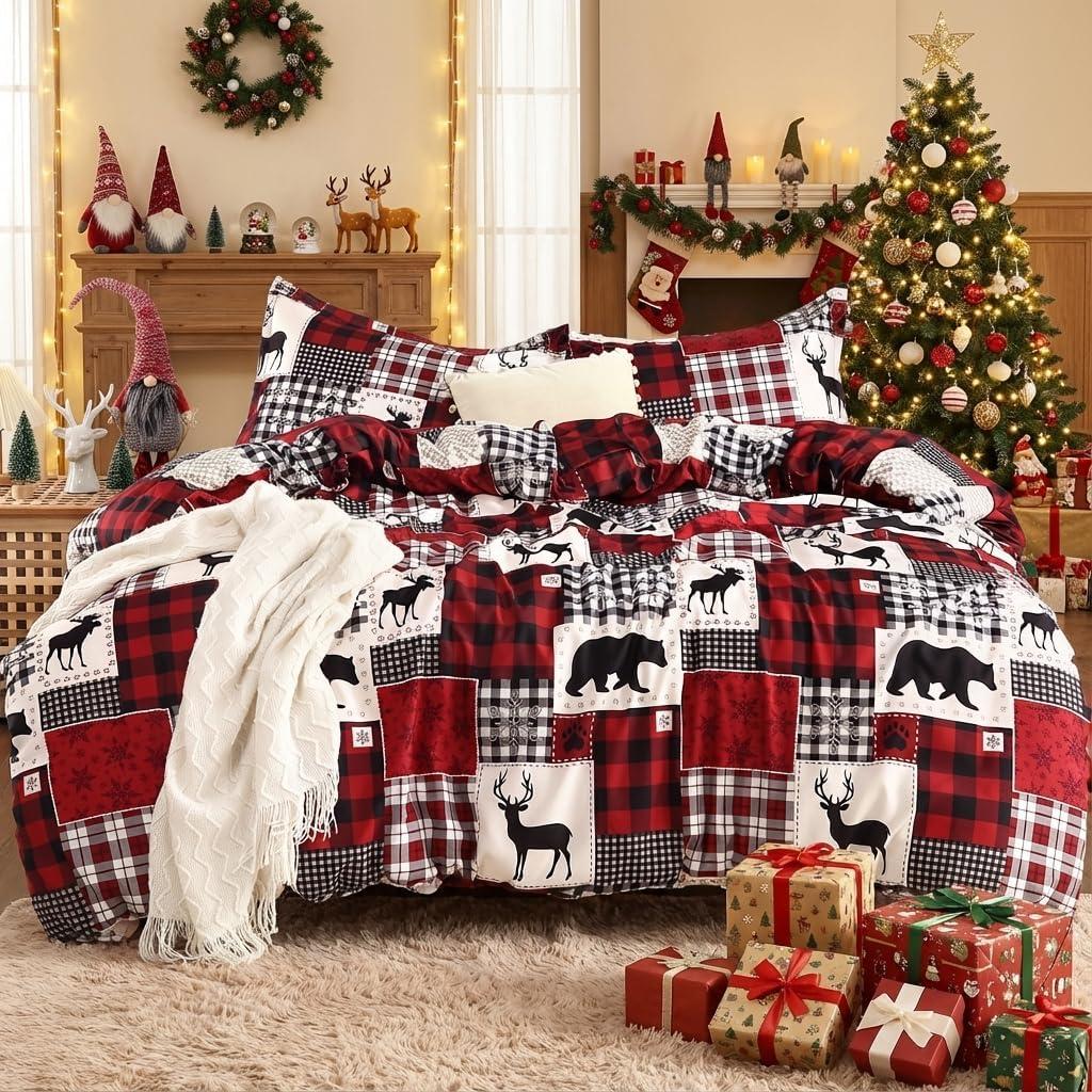 Christmas Duvet Cover King, Soft Brushed Microfiber Comforter Cover Sets, Reindeer Printed Holiday Theme Bedroom Decorative Bedding (King Size, Christmas Plaid Deer) (Black)