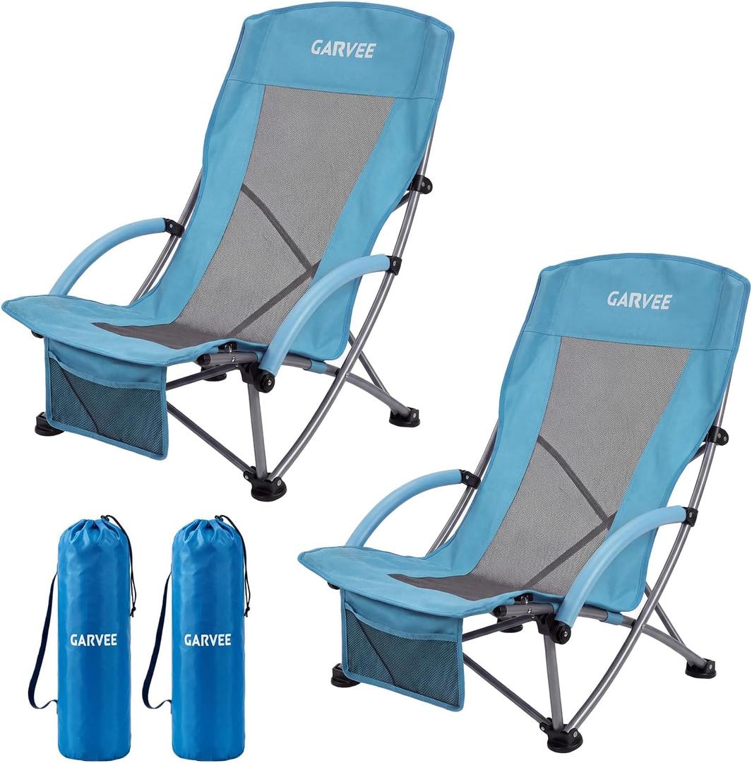 Garvee High Beach Chair 2 Pack, Folding Portable Beach Chairs for Adults, Lightweight Extra Wide Seat Chair with Cup Holder, Storage Pocket & Carry Bag for Camping, Beach, Travel