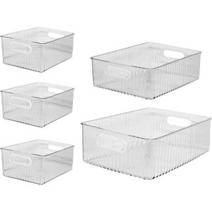 Oggi Set of 5 Clear Fluted Storage Bins with Handle - Durable Plastic Organizers for Fridge, Pantry, Cabinets & Countertop, Modern Farmhouse Style, 5 Sizes for Kitchen Organization and Storage