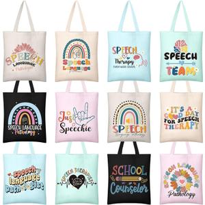 12 Pcs Speech Pathologist Gifts for Women Speech Language Therapy Gifts SLP Canvas Tote Bags Reusable Grocery Shopping Bag for Pathologist Therapist Coworkers Party Favors Supply