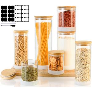 TBWIND Glass Storage Containers with Bamboo Lids 7 Pack Airtight Clear Glass Jars in Mixed Sizes (17oz/25oz/34oz/53oz/73oz) for Pantry Organization, Kitchen Dry Food, Coffee, Flour, Pasta & Snacks