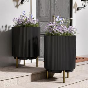 20.3'' Front Porch Planter Stand Set of 2, Round Plant Stand for Porch, Plastic Striped Planter Stand with 3 Holder, Outdoor Flower Pots Stand for Porch Decor, Patio, Balcony, Black