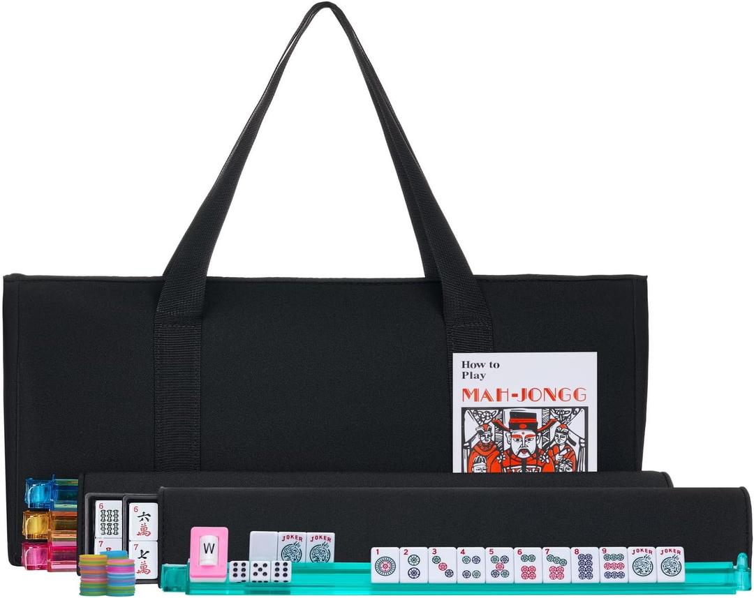 American Mahjong Set - Black Soft Bag - 166 White Engraved Tiles, 4 All-in-One Rack/Pushers Western Mah Jongg Game Set