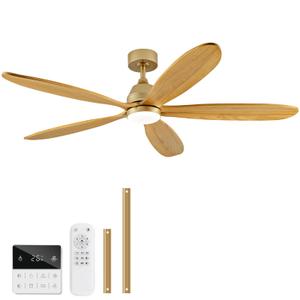 KENSID 60 Inch Wood Ceiling Fans with Lights and Remote, Modern Indoor Outdoor Ceiling Fan with Light for Patio, Living Room, Dimmable, 5 Blades, Reversible DC Motor, Memory Function (Gold)